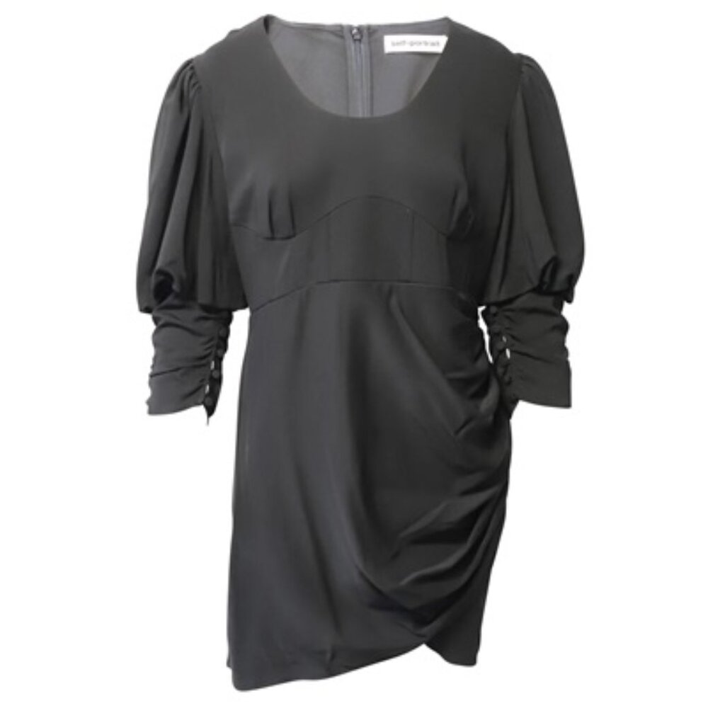 SELF-PORTRAIT black stretch crepe puff sleeve midi dress